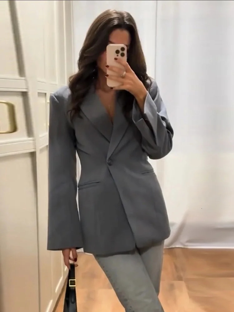 Spring Elegant Solid Womens Blazers Lapel One Button Shoulder Pads Long Sleeve Jacket Slim Office Lady Commute Streetwear 250213