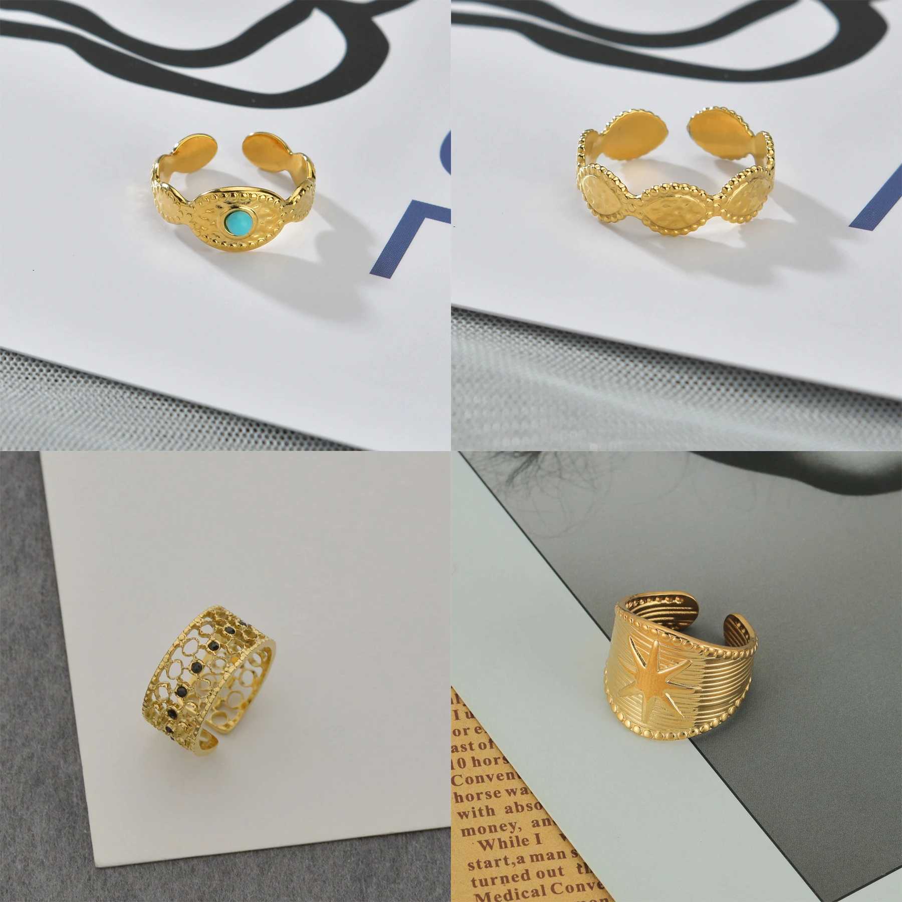 5 pieces French Style Vintage 14K Gold-plated Ring Stainless Steel Opening Adjustable Ring Trendy for Wen Jewelry Party Gifts X250220