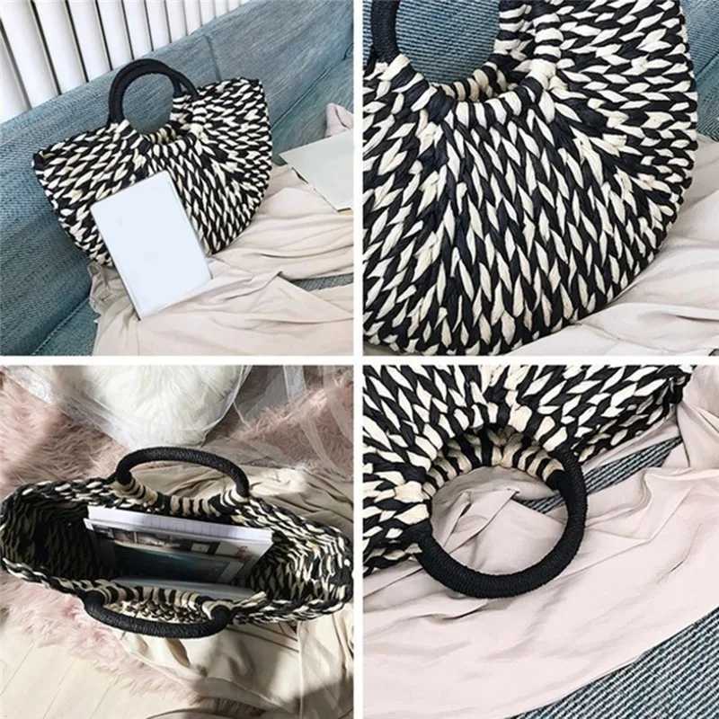 Newly Summer Handmade Bags for Women Beach Weaving Straw Bag Wrapped Beach Bag Moon Shaped Top Handle Handbags Totes Femme Z250219