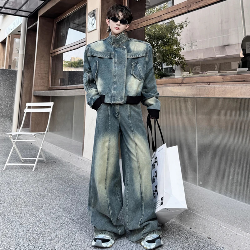 LUZHEN Standing Collar Personalized Patchwork Denim Jacket Short Two Piece Sets Mens Loose Street Mens Jeans LZ6548 250220