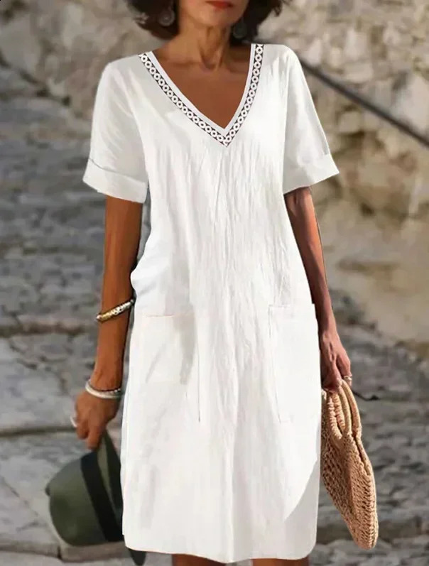 Spring Cotton Linen Womens Dress White Solid V-neck Elegant Dresses Female Soft Casual Loose Summer Clothes Ladies 250220