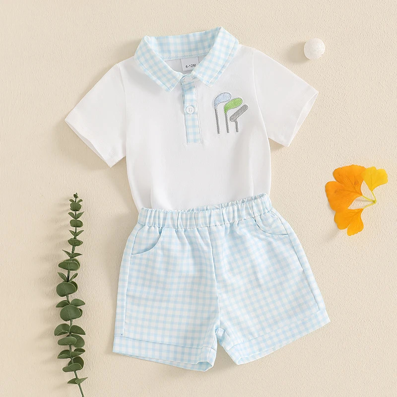 Kids Baby Boy Summer 2 Piece Sets Golf Club Embroidery Short Sleeve Half Button-up Tops Plaid Shorts Toddlers Casual Outfits 250220