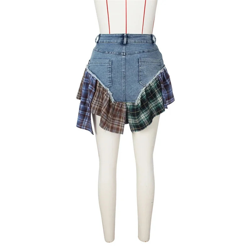 Plaid Patchwork Denim Shorts Women Summer Button Fly Slim Asymmetrical Jeans Culottes Casual Streetwear Drop Wholesale 250219