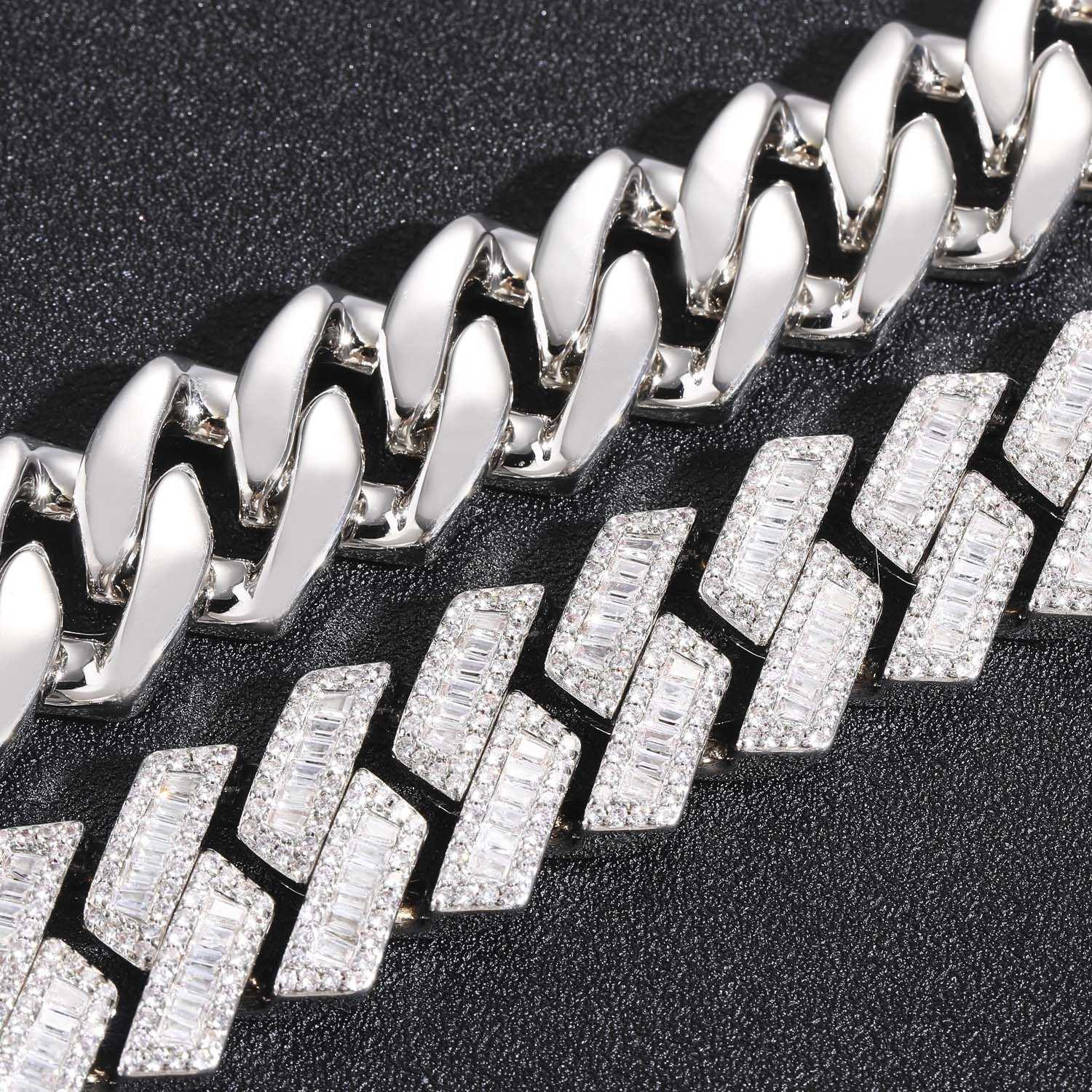 New Arrival Yellow Gold 18mm 20mm Prong Baguette Diamond Necklace 18K Gold Plated Silver Iced Out Cuban Link Chain for Men