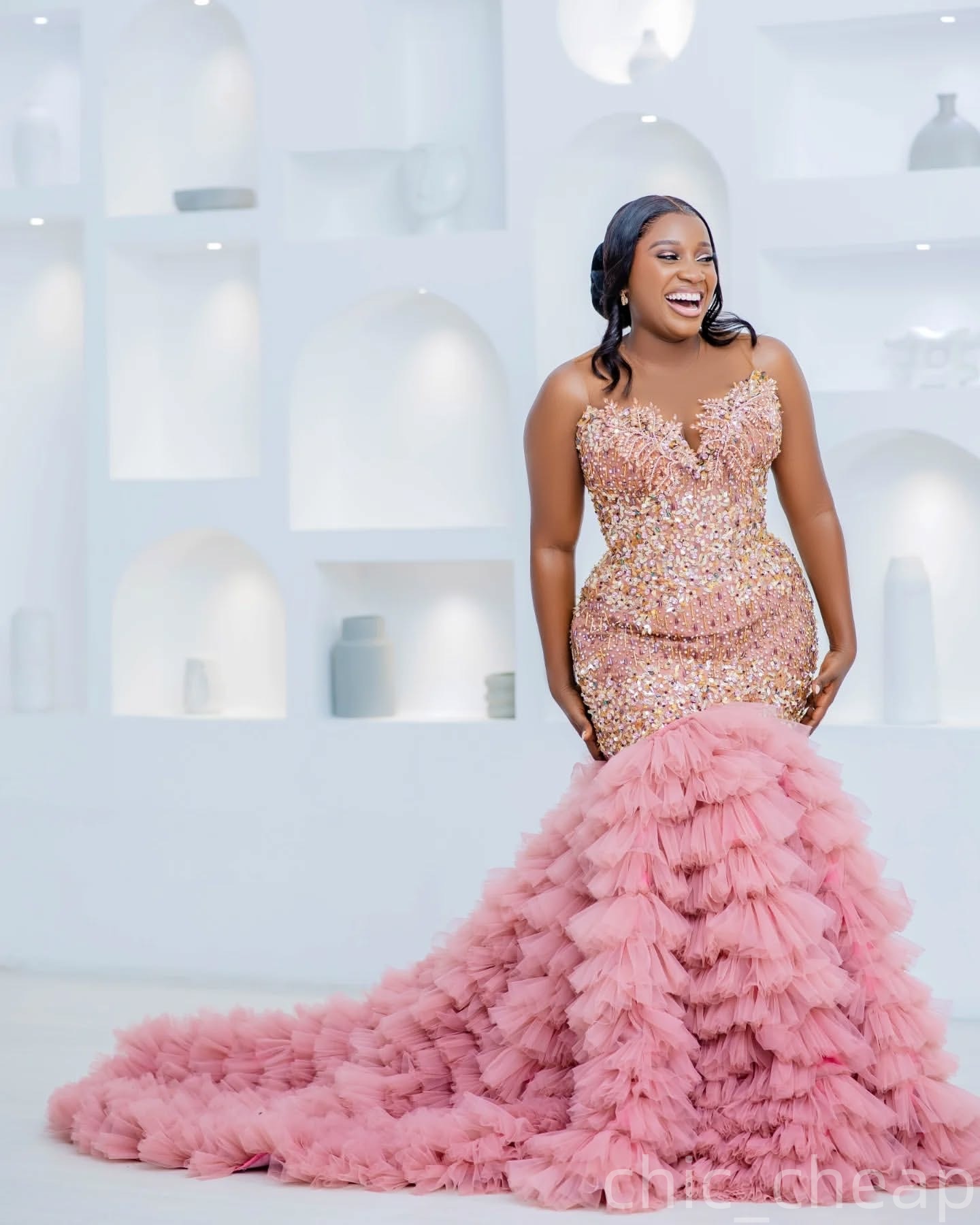 Blush Pink Mermaid Prom Dresses 2025 Beaded Crystals Sequined Tiers Evening Formal Party Second Birthday Engagement Gowns Plus Size Dress For Special 