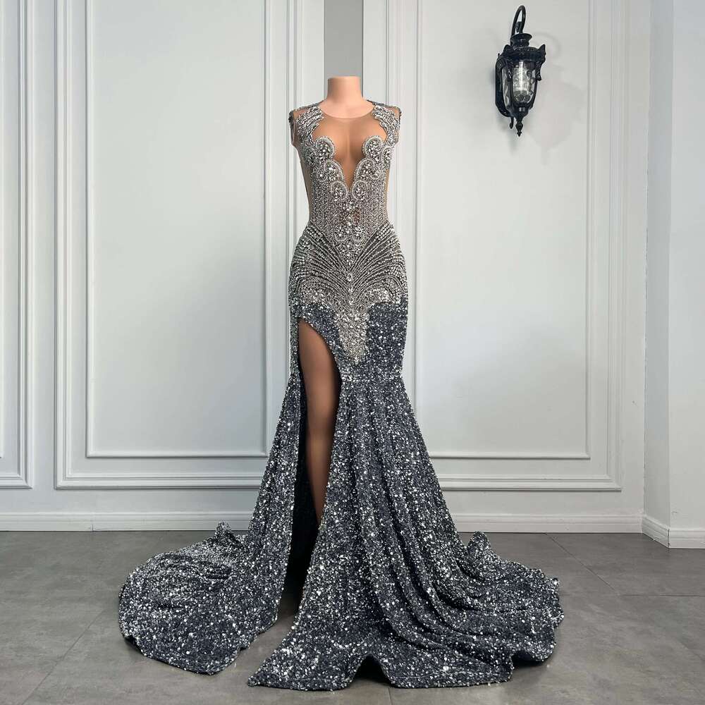 Sparkly Long Dresses Sexy High Slit Dia Sier Sequin Black Girls Mermaid Prom Dress