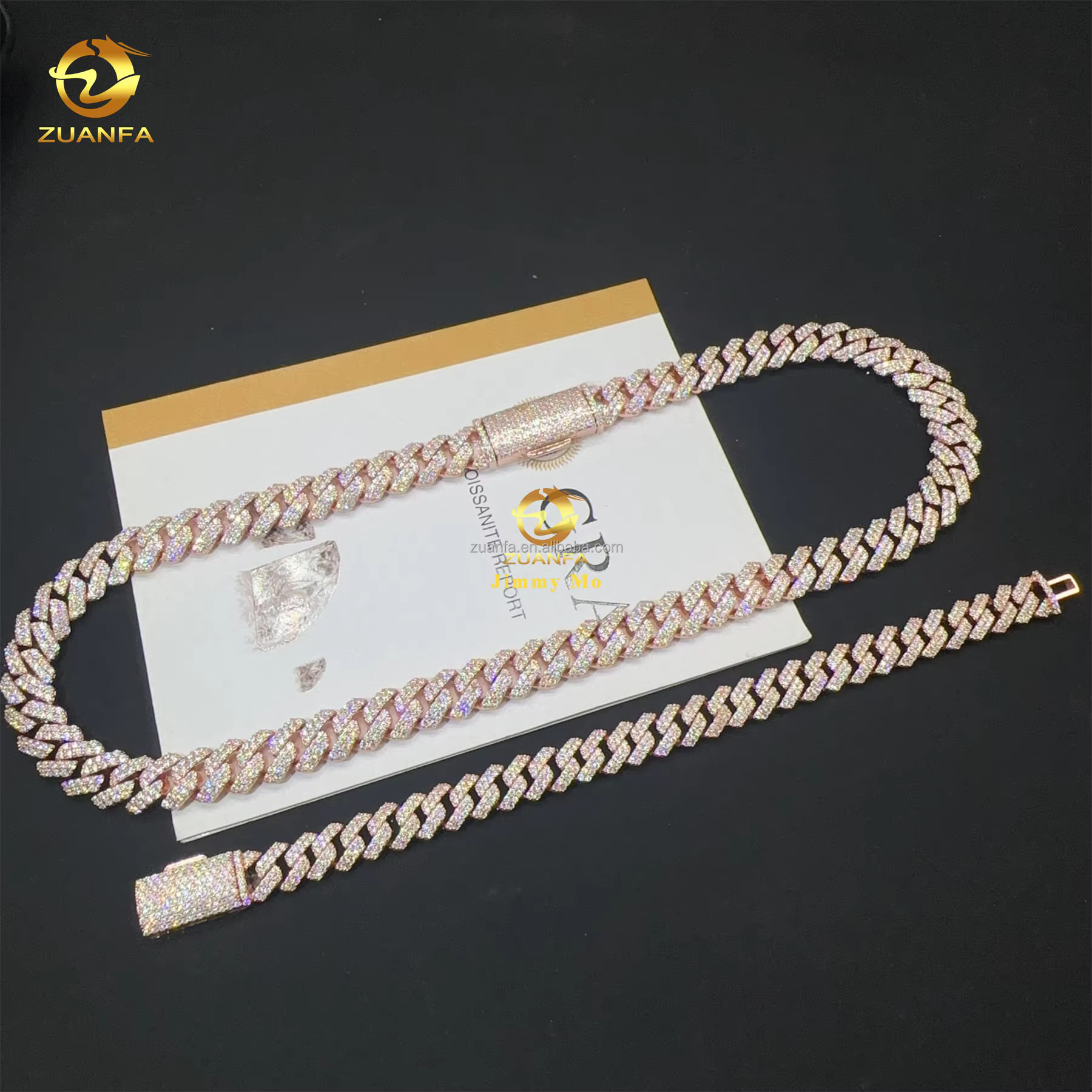 Rose gold plated box, pure sier 12mm, two rows of chilled hip-hop VVS1 diatoeous earth, Miami Cuban chain