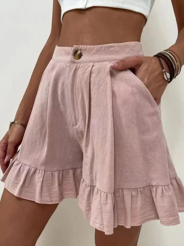 Womens Shorts Loose Cotton Hemp Casual Shorts Button Zipper Solid Color Pocket High Waist Wide Leg Ruffle Edge Shorts 250217