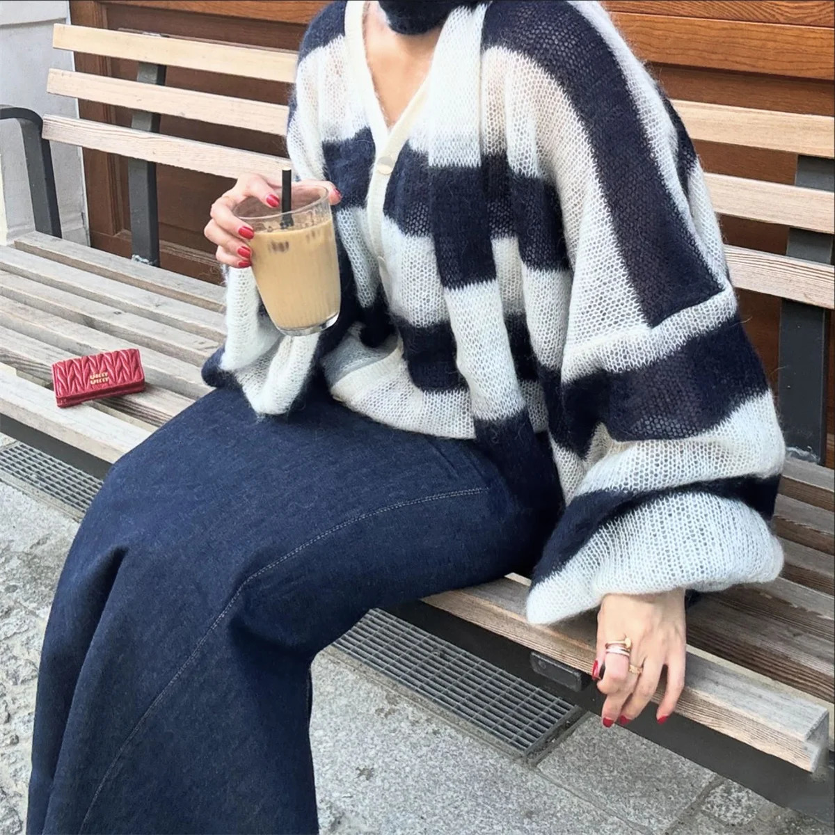 Striped V-neck Cardigan With Scarf Autumn Winter Women In Fashion Knit Sweater Loose Long Sleeve Coats Lady Chic Streetwear 250219