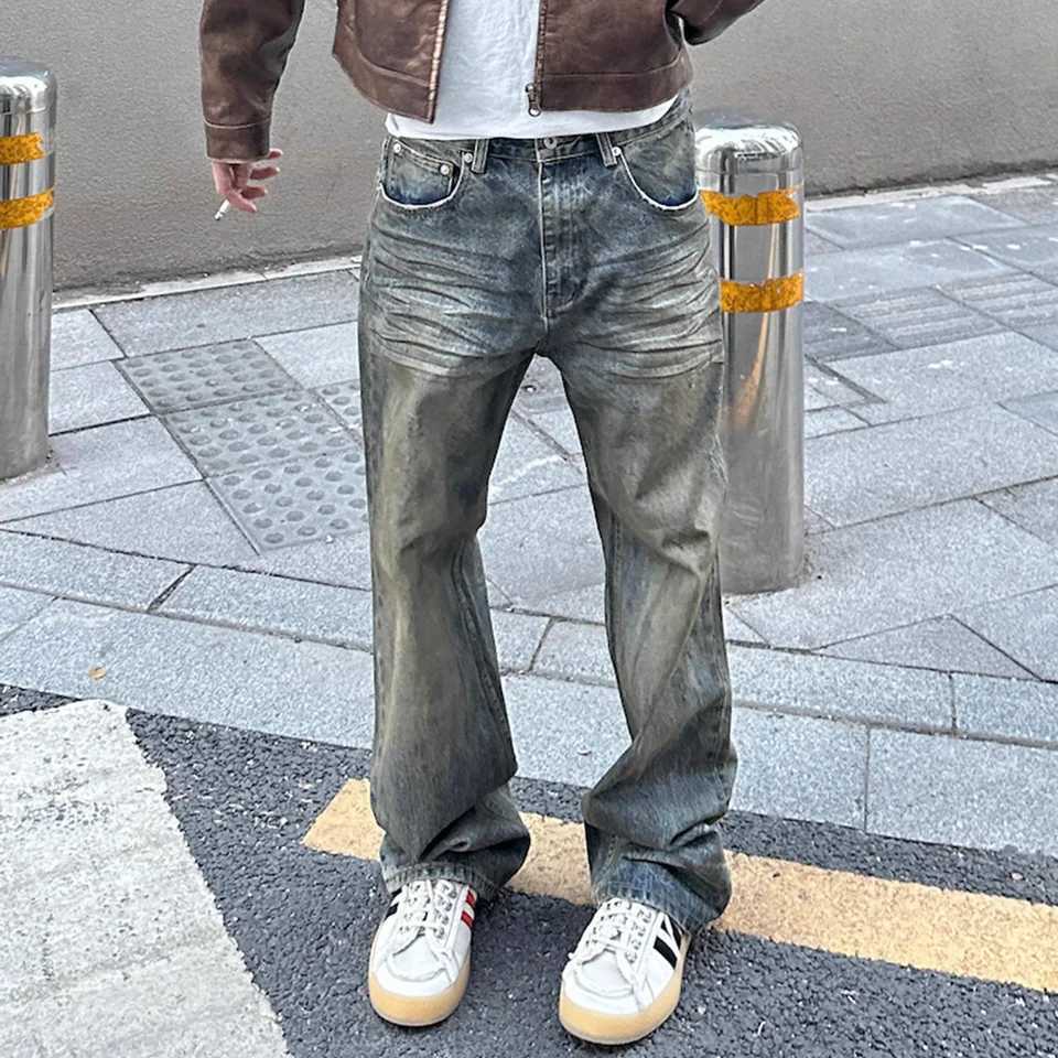 Harajuku Streetwear Washed Dirty Baggy Blue Jeans for Men and Women Straight Vintage Casual Denim Trousers Mens Clothing Cargos X250220