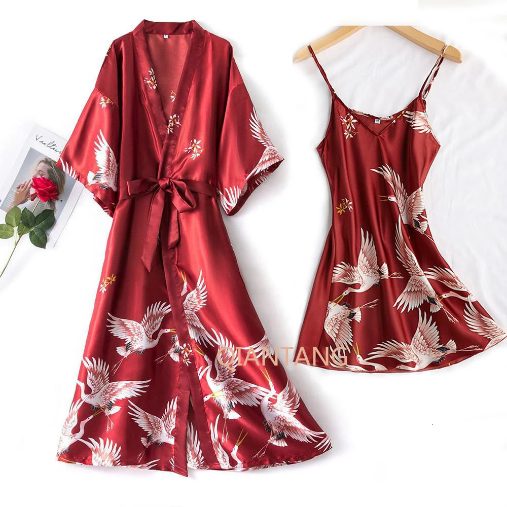 Sexy Nightwear Gown Set Women 2PC Pyjama V-Neck Pajamas Silky Sleepwear Spring Lady Sleep Suit Robe Wear Home Negligee Homewear 250219