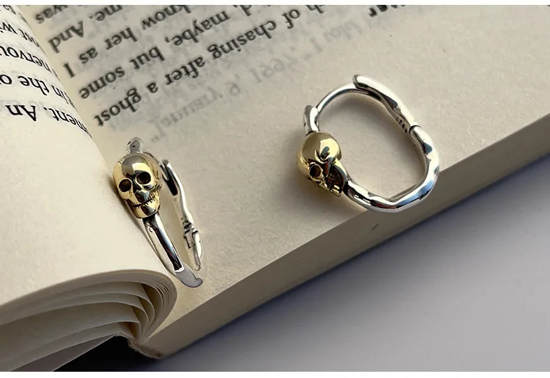 Silvology Real 925 sterling silver gothic punk rock skull ring earrings retro womens two tone earrings fashion jewelry 250219