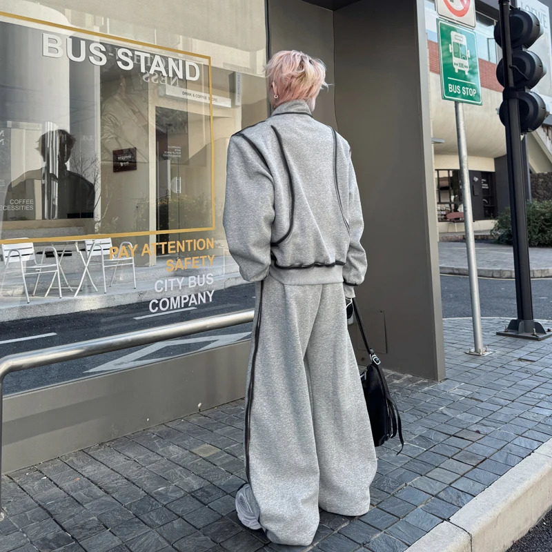 PFNW American High Street Hand-painted Depicted Shoulder Padded Sweatshirt Wide-leg Pants Spring Two Pieces Set 28W6027 250220
