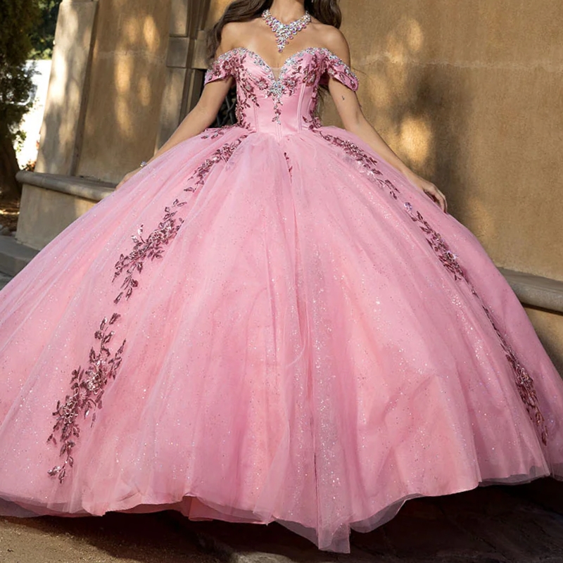Pink Shiny Quinceanera Dresses Ball Gown Off Shoulder Appliques Lace Bow Beads Tull Corset Sweet 16 Dress Vestidos 15 de anos