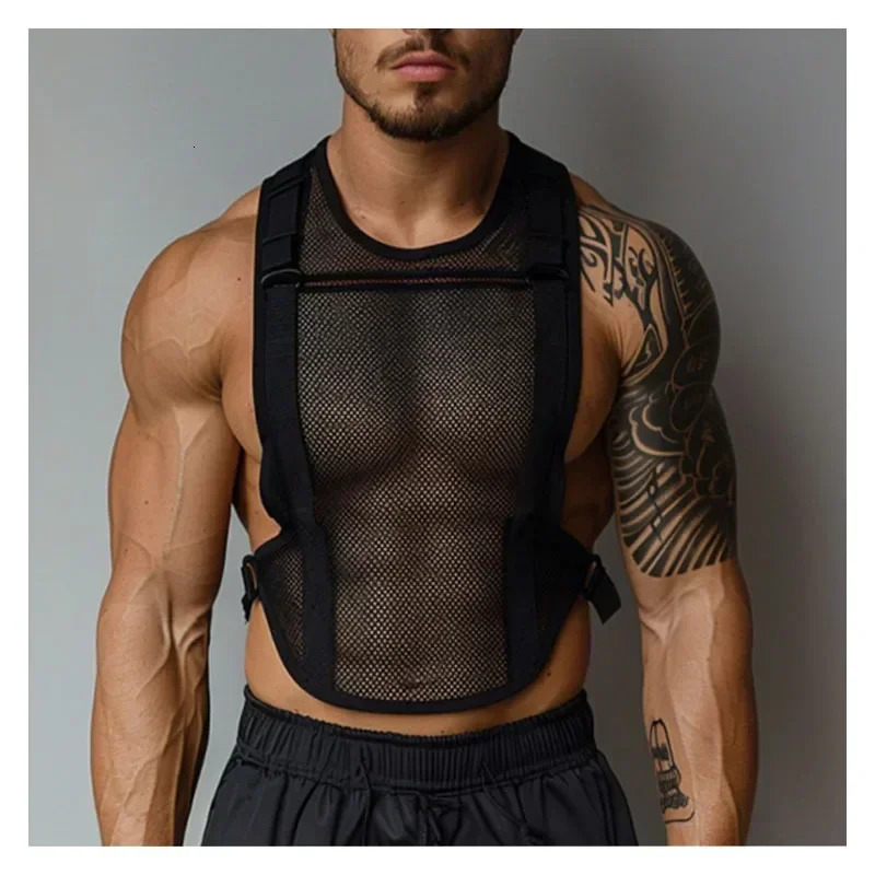 Mens Sheer Mesh Fitness Sleeveless Vest Outdoor Sports Black Cutout Vest Top Mens Summer Mesh Vest Mens Clothing Men Tank Top 250219