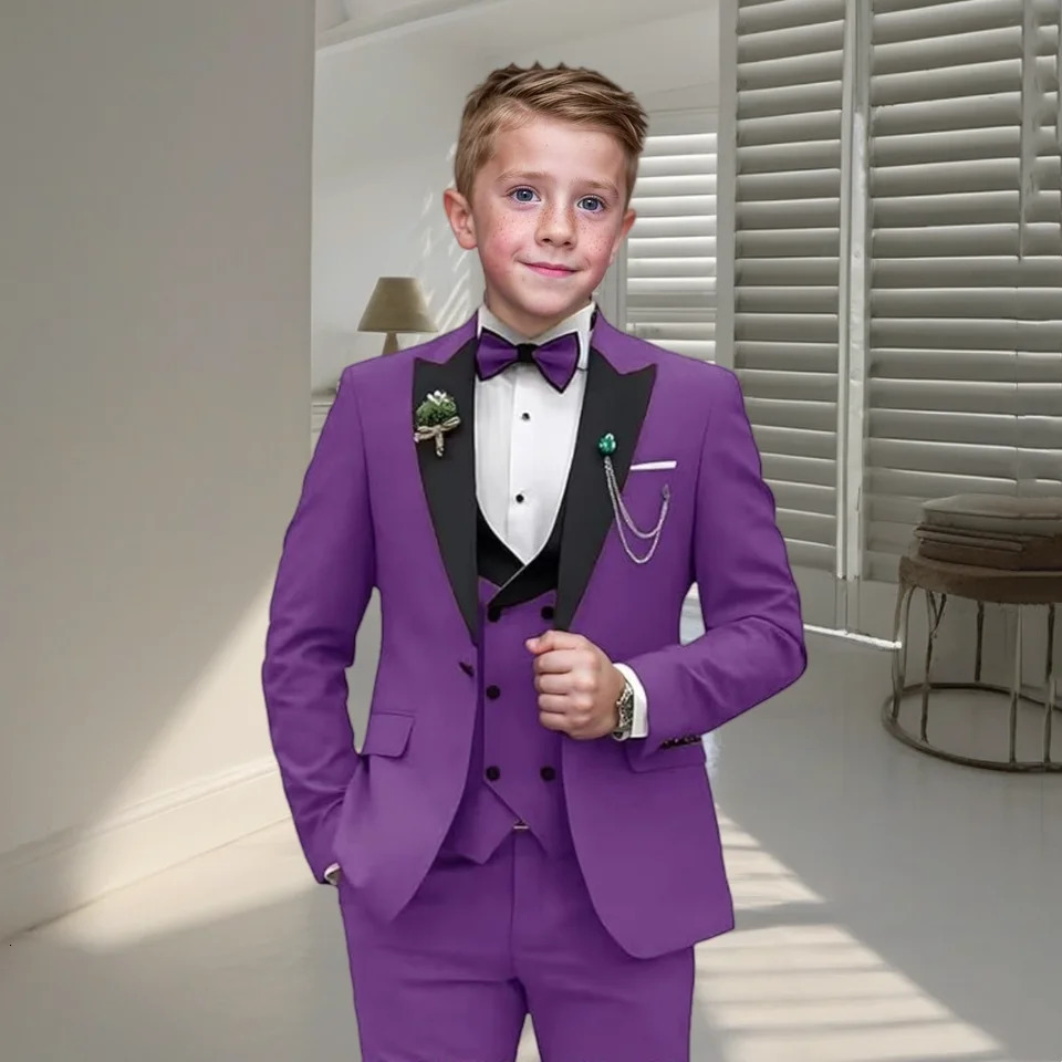 Purple Single Breasted Boys Formal Suit Set 4 Pieces Peaked Lapel Classy Kids Suits Smart Tuxedo From 2 to 14 Years 250219
