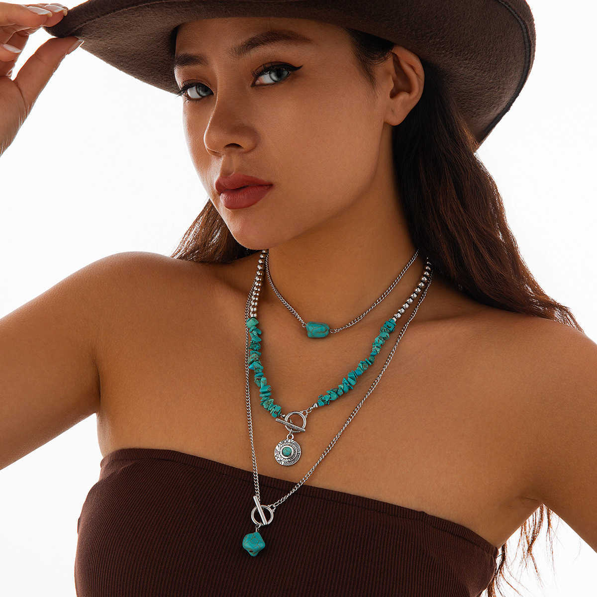 Pendant Necklaces Jewelry bead geometric turquoise collarbone chain casual style multi-layer Bohemian necklace H25219