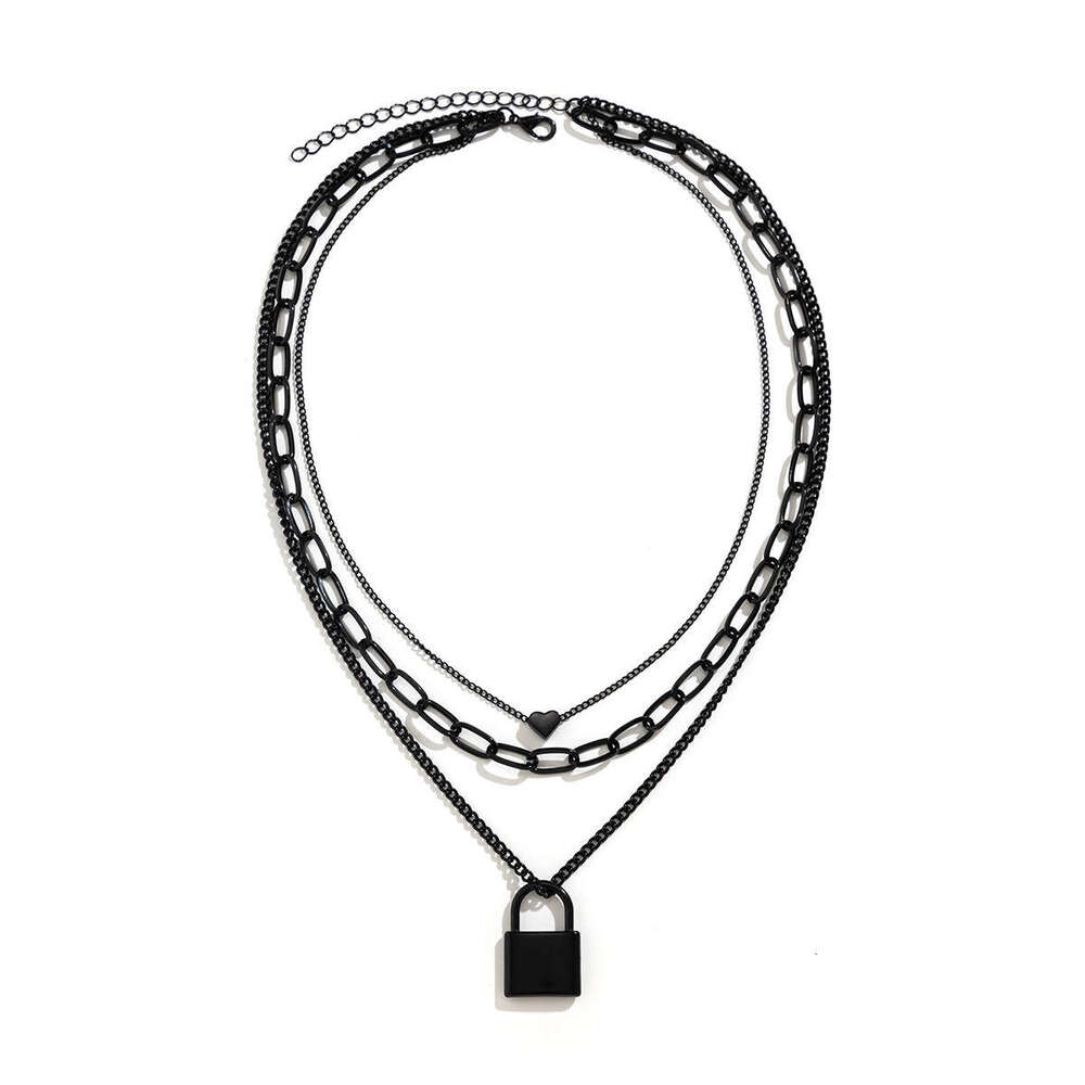 Dark punk style black cross chain layered with sweet and cool geometric love lock necklace for women