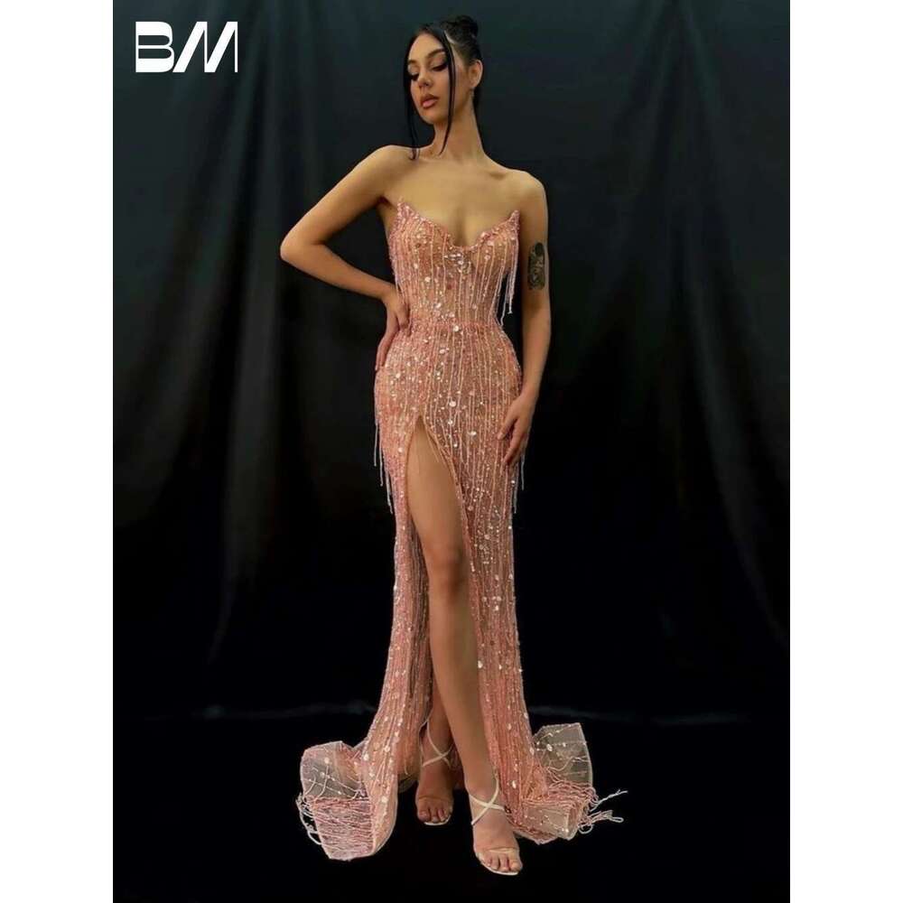 the Beaded Sequins Ball Gowns Modern Mermaid Tassel Sexy Side Slit Formal Dress For Woman Custom prom