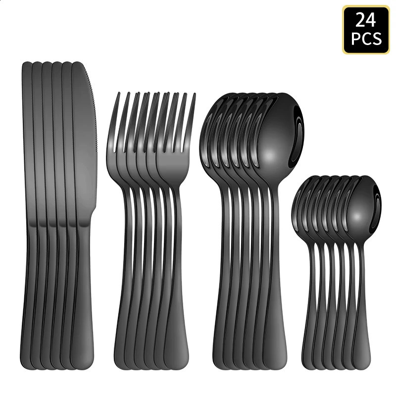 1624 pieces black stainless steel cutlery set with 1010 round handled knives forks and spoons suitable for home el use 250212