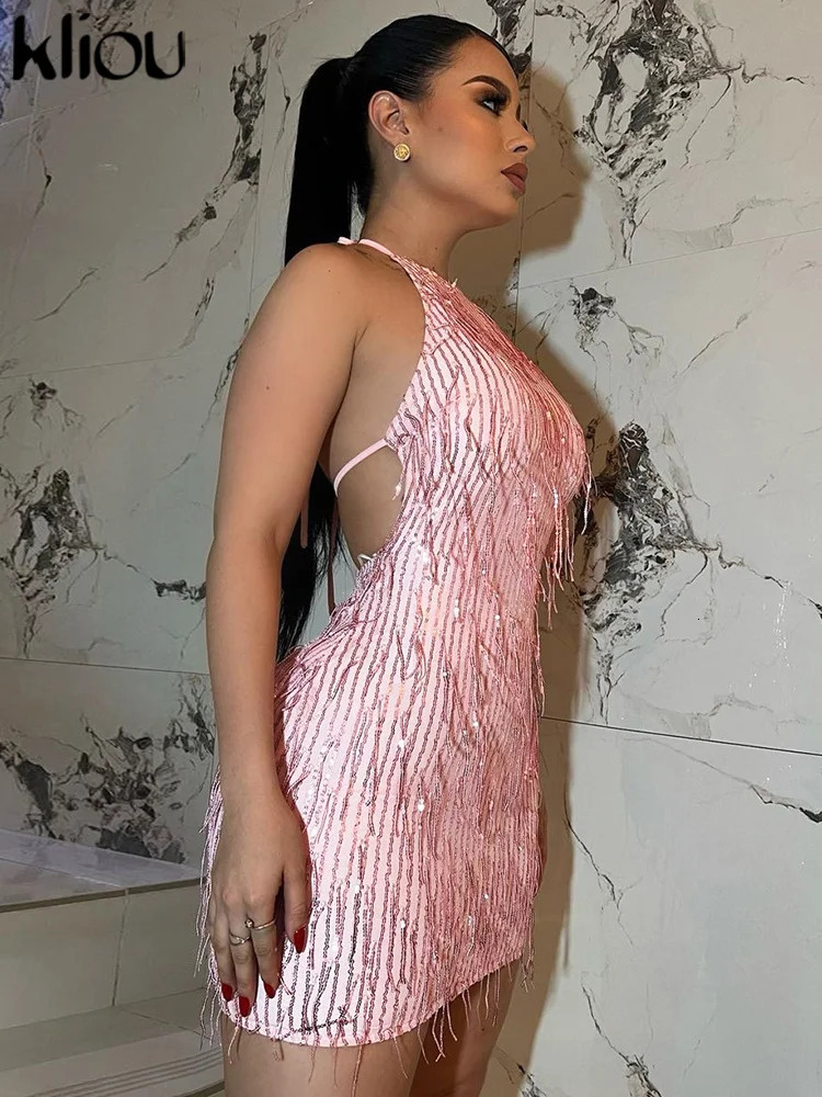 Kliou Tassel Patchwork Shiny Mini Dress Women Halter Bandage Stunning Backless Sleeveless Skinny Vestido Female Party Clubwear 250219