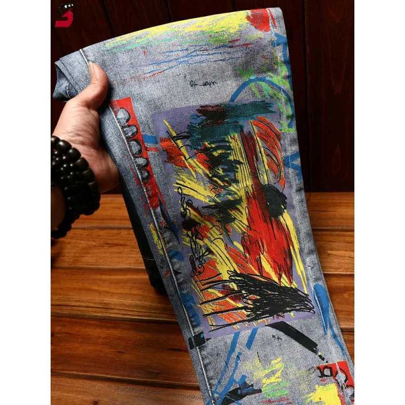 Light luxury MENS printed jeans fashion casual straight leg elastic slim fit designer washed motorcycle street denim pants X250220