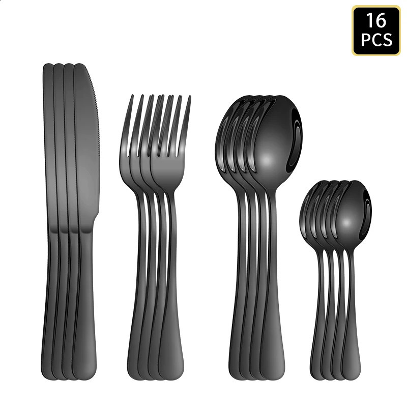1624 pieces black stainless steel cutlery set with 1010 round handled knives forks and spoons suitable for home el use 250212