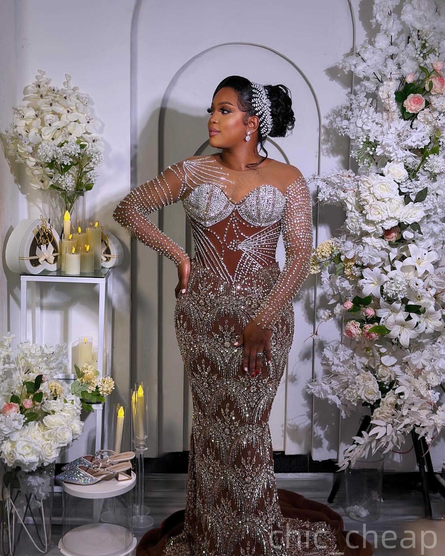 Brown Illusion Mermaid Prom Dresses 2025 Crystals Sheer Neck Sequined Evening Formal Party Second Birthday Engagement Gowns Plus Size Dress For Specia