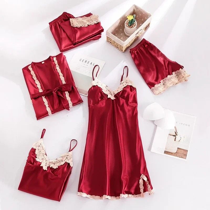 5PCS Sleepwear Sleep Suit Sexy Womens Lace Pajamas Sets V-Neck Satin Pajamas Intimate Lingerie Spring Nightwear Home Wear PJS 250219