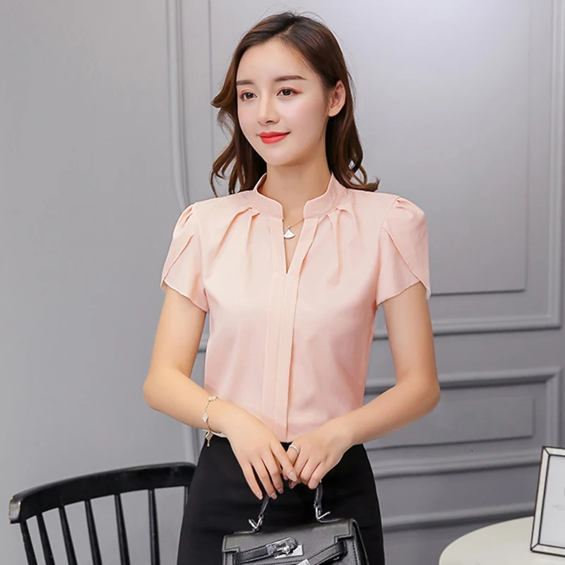 Women Chiffon Shirt Korean Elegant Slim Folds Short Sleeve Blouse Casual Office Stand Collar All Match Ladies Tops 250219