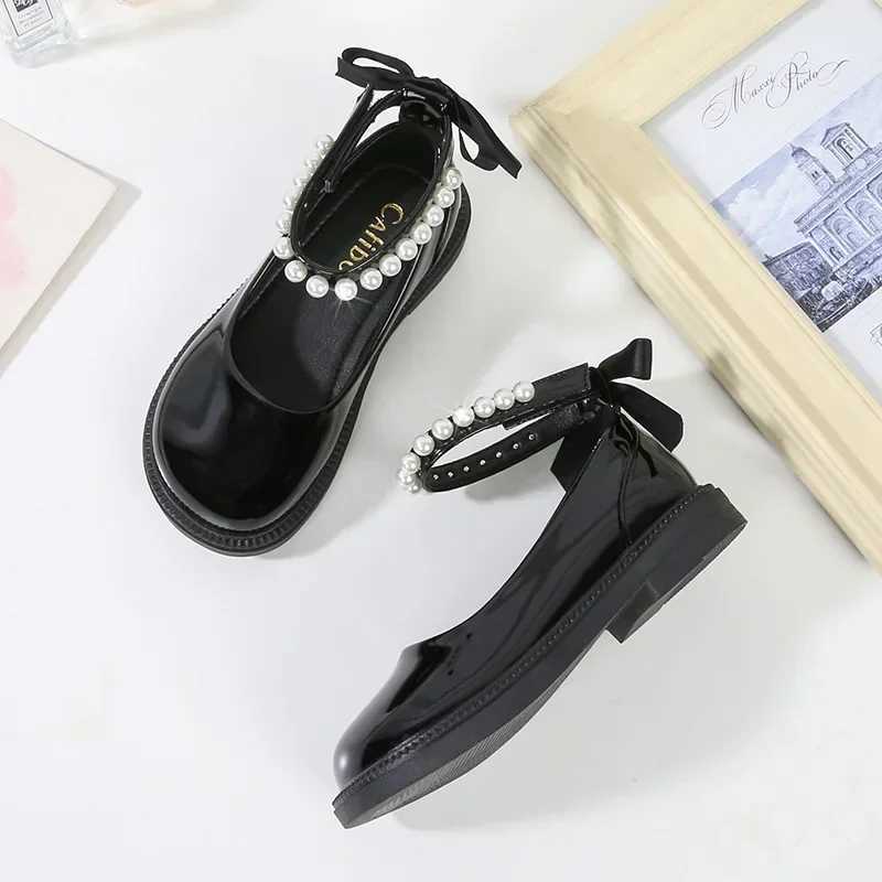 New Autumn Girls Shiny Leather Shoes Childrens Princess Strap Bow Beaded Single Shoes Childrens School Pure Black Mary Jens X250220
