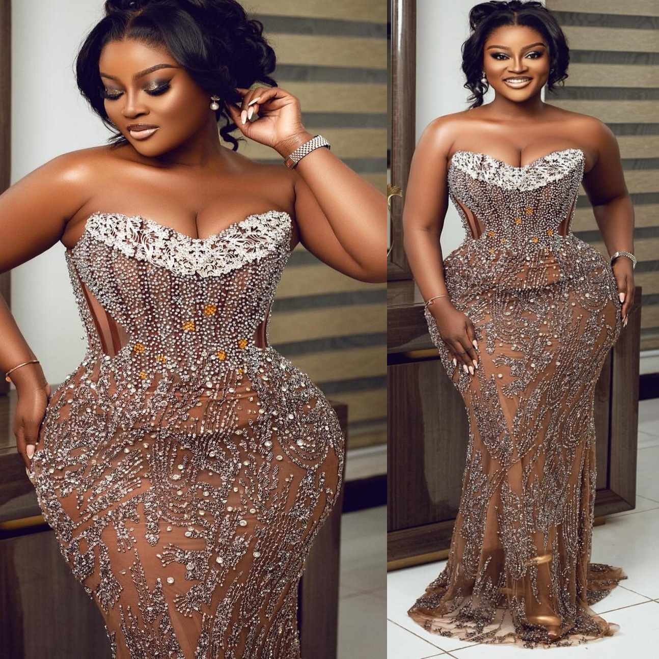 Brown Mermaid Prom Dresses 2025 Illusion Crystals Sequined Sweetheart Evening Formal Party Second Birthday Engagement Gowns Plus Size Dress For Specia