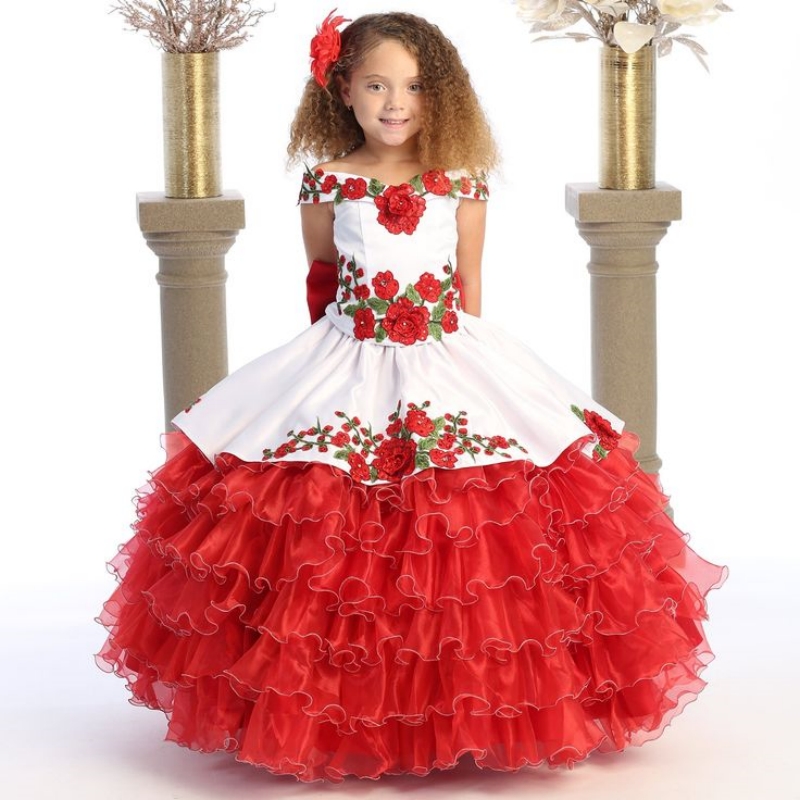 White and Red Charro Girls Pageant Dresses Tiered Floor Length Embroidery Floral Toddler Birthday Party Dress Kids Formal Wear Wedding Flower Girl Dre