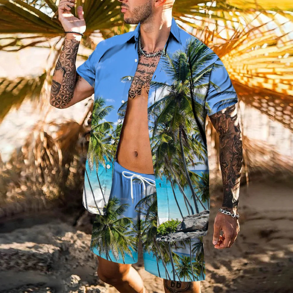 Hawaii Beach Fashion Mens Shirt Set Flamingo 3D Printed Loose Short Sleeve Shorts Shirts 2Pcs Holiday Casual Suits 250220