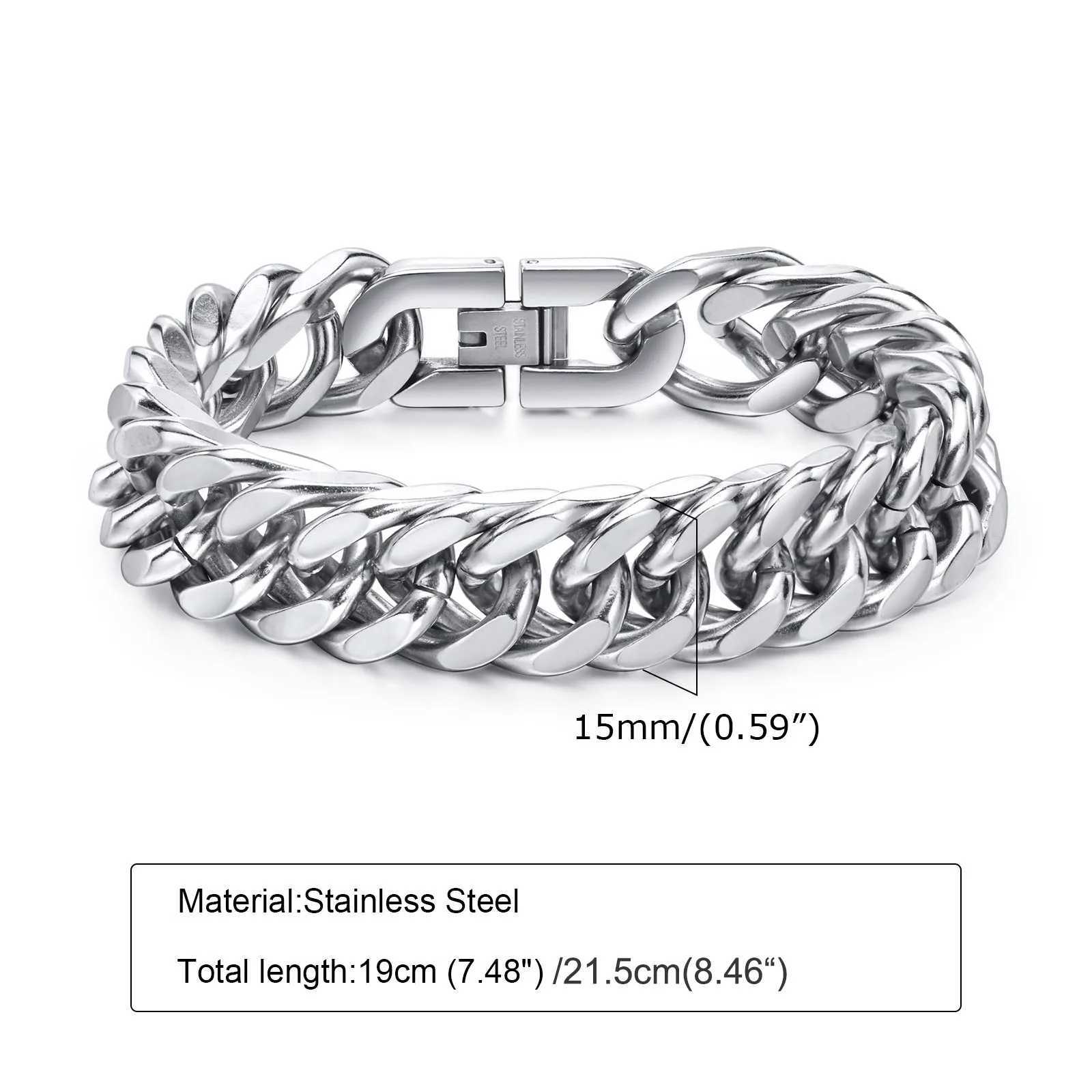Vnox 10/12/15MM Width Stainl Steel Cuban Chain Bracelets for Men Silver Color Fashion Hip Hop Male Boy Wristband Dad GiftXJ250219