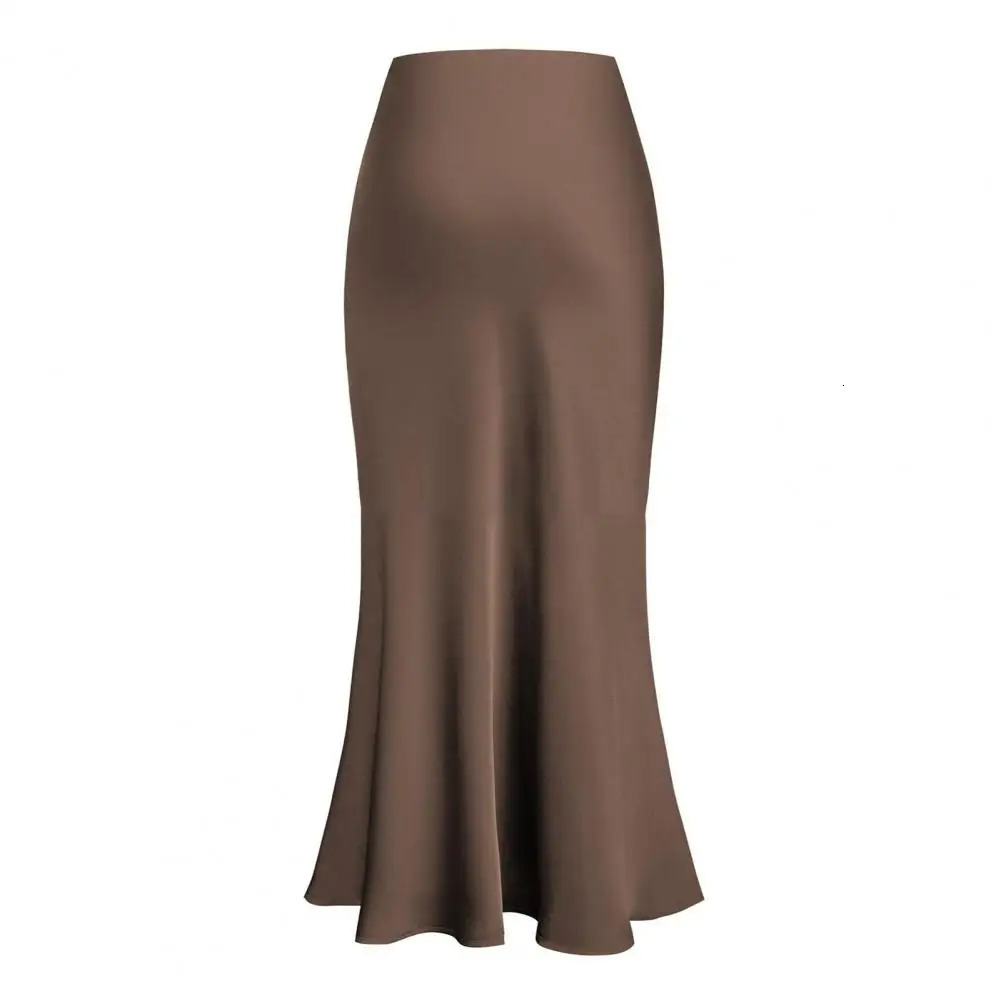 Fishtail Maxi leather elegant synthetic silk satin womens high waisted Aline office solid color glossy finish 250220