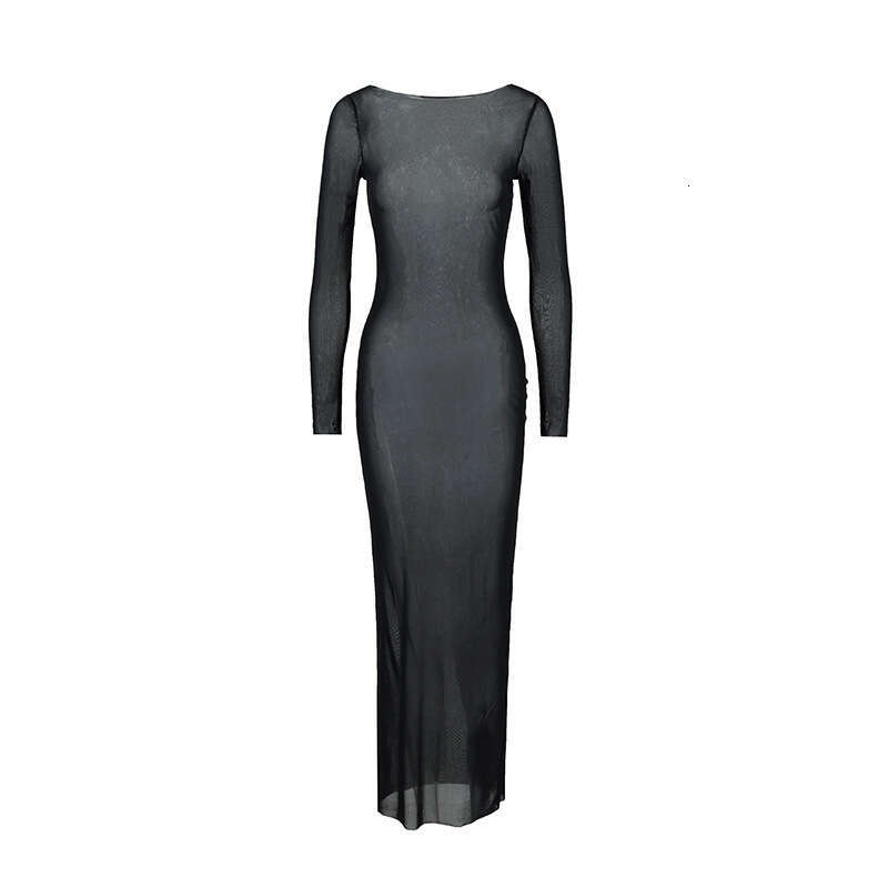 European and American style summer sexy women's spicy girl slim fit mesh see through one shoulder long sleeved dress 2025 new casual versatile fa