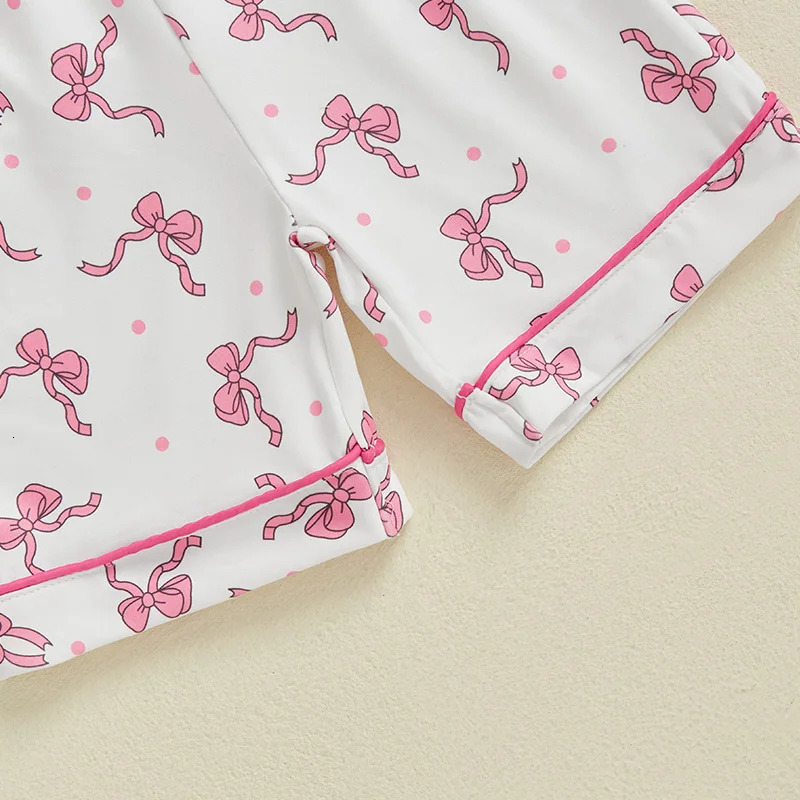 Toddler Kids Baby Girls Summer Pajamas Sets Dot Bow Print Button Down V Neck Short Sleeve Tops Shorts Loungewear Outfits 250219
