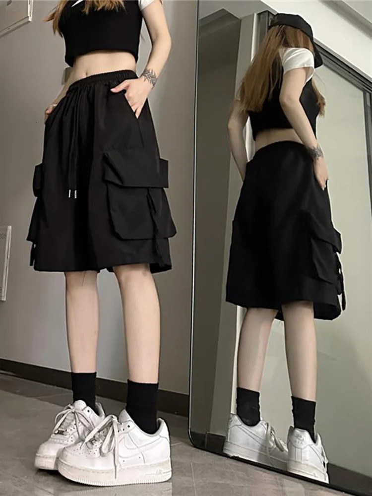 Zoki Streetwear Hip Hop Cargo Shorts Women Vintage Harajuku High Waist Y2K Short Pants Casual Korean Pockets Bf Shorts Summer 250219
