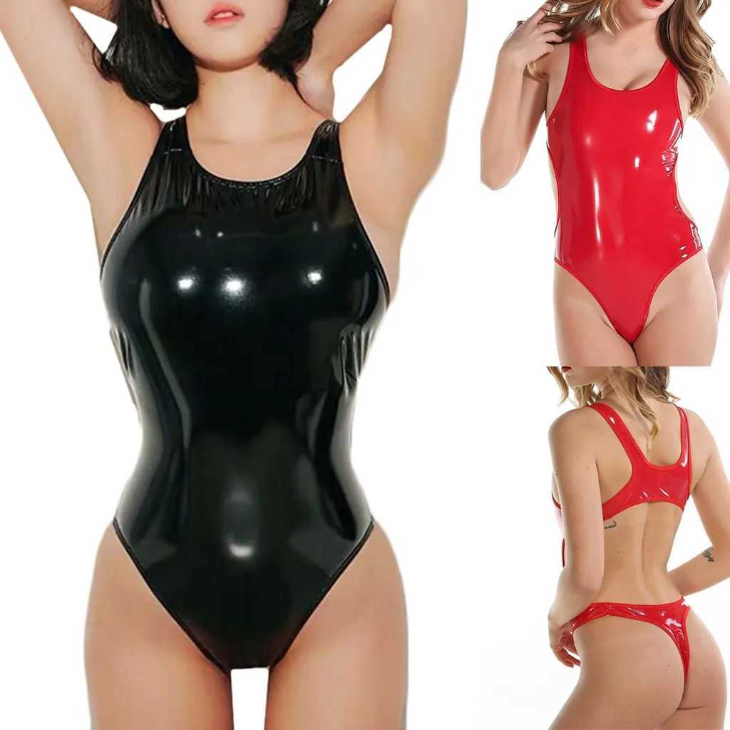 Womens sexy PU latex leather one-piece tight sleepwear underwear tight jumpsuit W250220