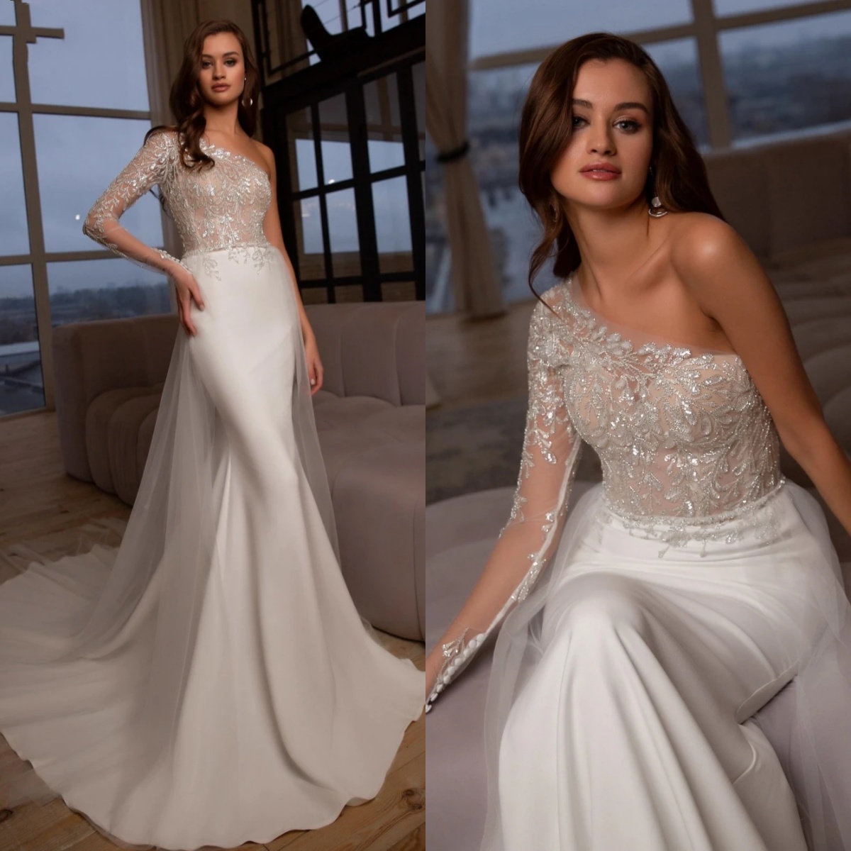 Classic Mermaid Wedding Dress One Shoulder Long Sleeves Bridal Gowns Appliques Sequins Sweep Train Dresses Custom Made vestidos de novia