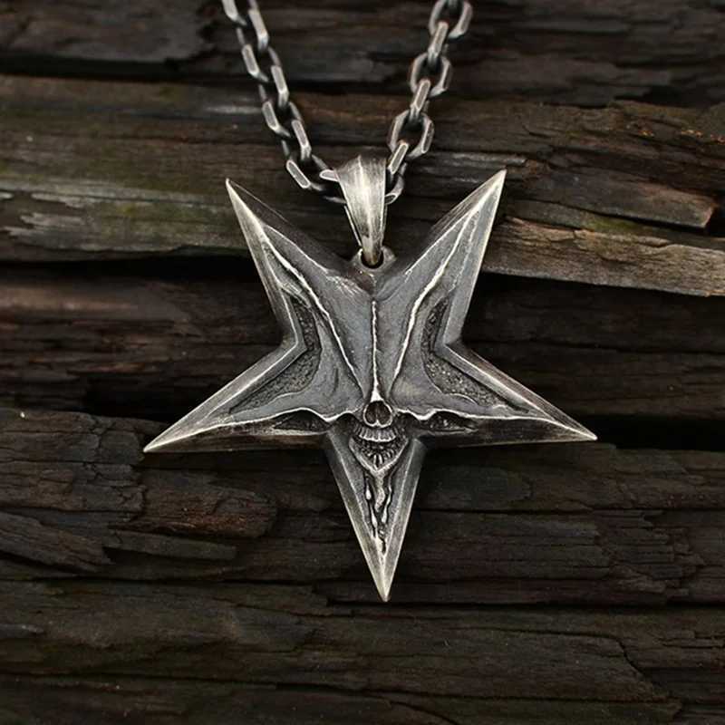 Vintage Mens Satanic Inverted Pentagram Skull Pendant Necklace for Men Punk Demon Chaos Star Skull Necklace Bhomet JewelryXJ250219