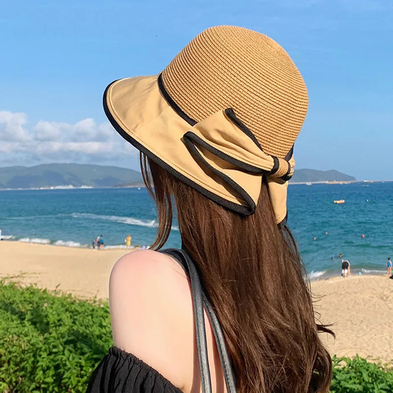 2024 Spring Summer Korean Bow Fashion Solid Straw Hat Women Sun Woven Net Breathable Fisherman Large Eave Bucket Cap 250117
