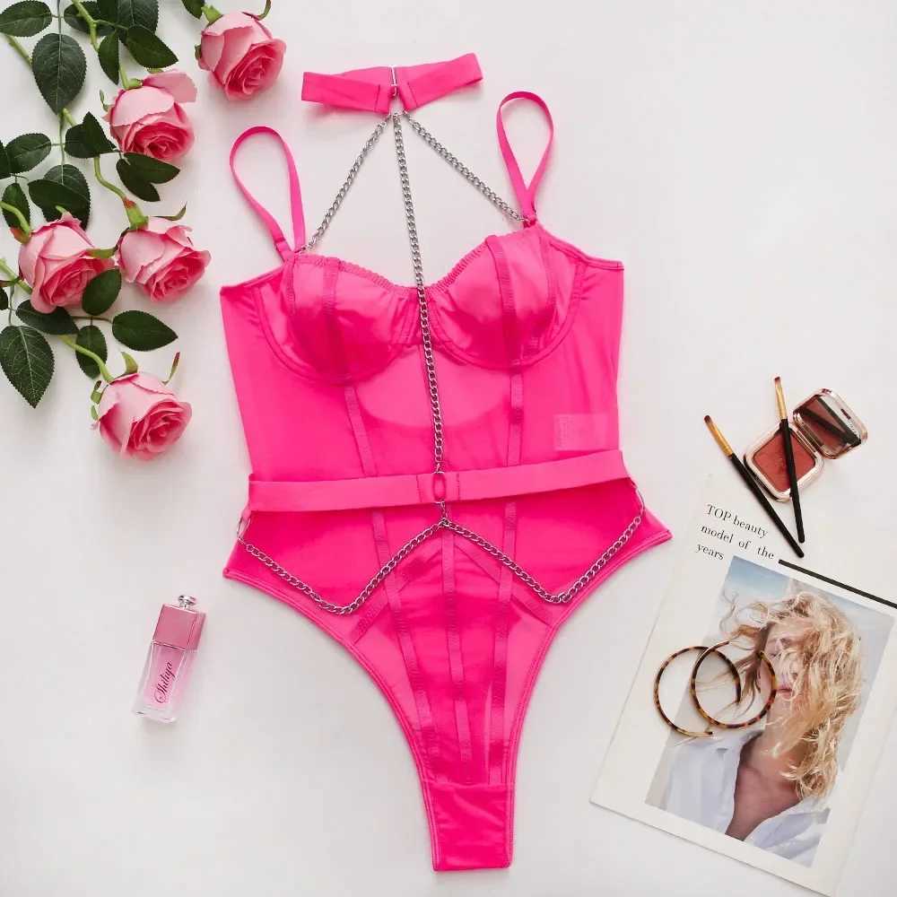 Porn Black Fitness Bodysuit Women Erotic Sexy Lingerie for Sex with Halter Chain See Through Teddy Body Suit Lace Tights W250220