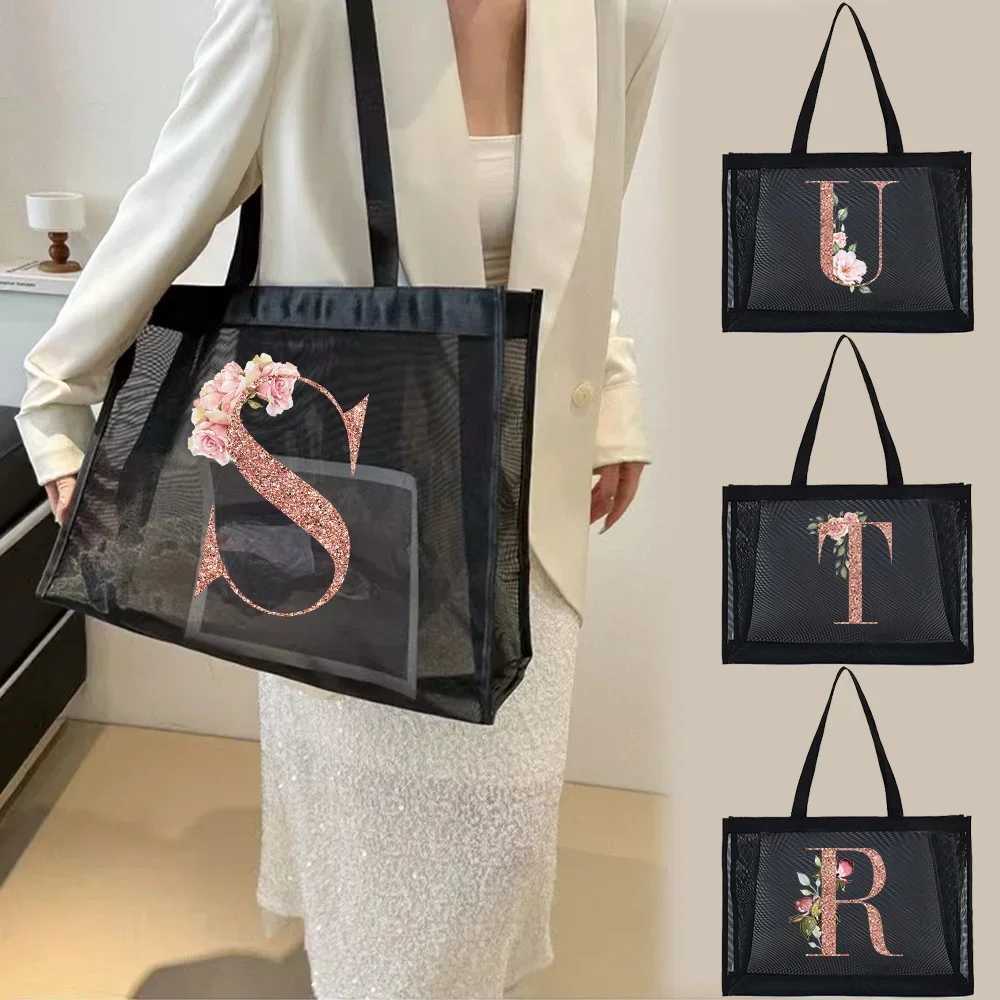Mesh Shopping Bag Transparent Tote Bags Travel Storage Handbag Women Wallets Organizer Grid Package Rose Gold Printing Series Z250219