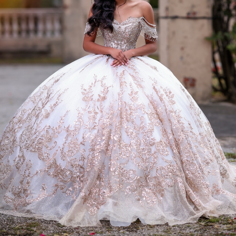Champagne Shiny Quinceanera Dresses Ball Gown Off Shoulder Appliques Lace Beading Crystal Tull Sweet 16 Dress Vestidos 15 Anos
