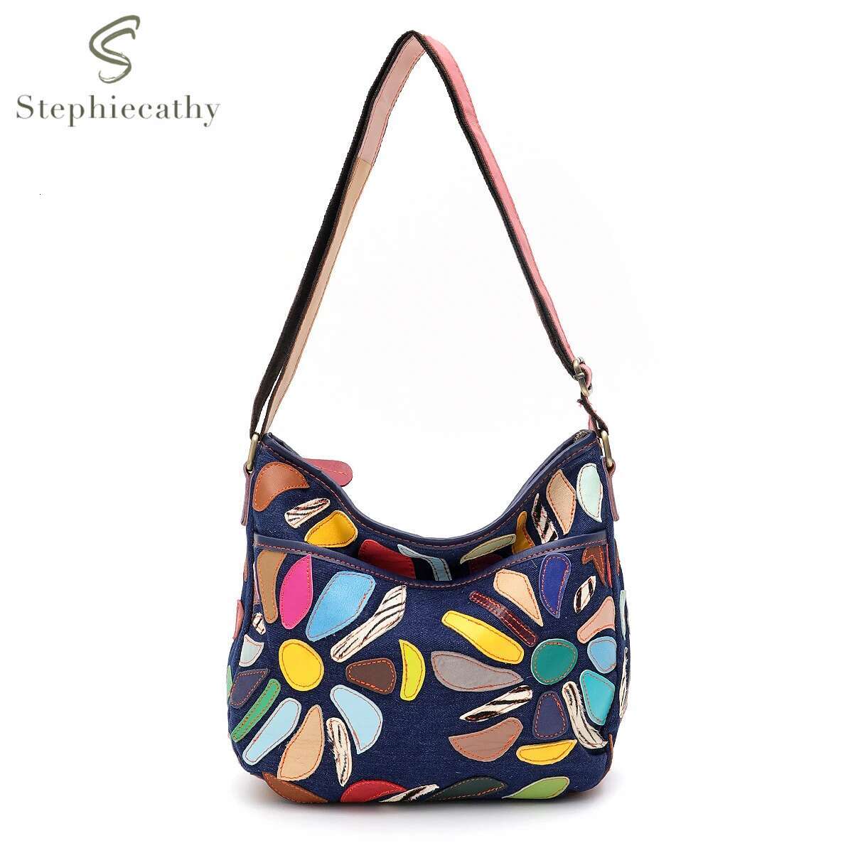 SC Random Colorful Leather Patchwork Canvas Shoulder Bag For Women Multi Pockets Cross Body Handbag Vintage Casual Daily