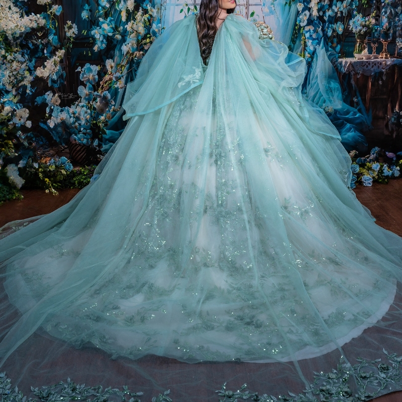 Mint Green Shiny Quinceanera Dresses Ball Gown Off Shoulder Appliques Lace Beads Tull Corset Sweet 16 Dress Vestidos 15 de anos
