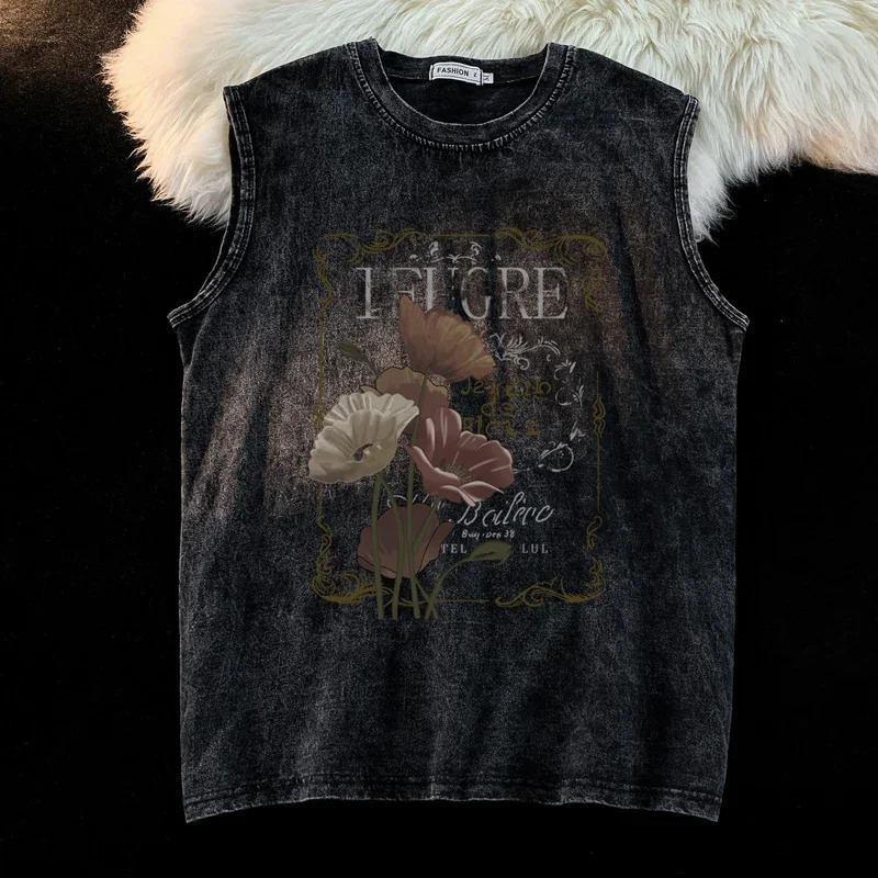 Street bike vest hip-hop washed out sleeveless T-shirt mens loose fashion outerwear vest 250219