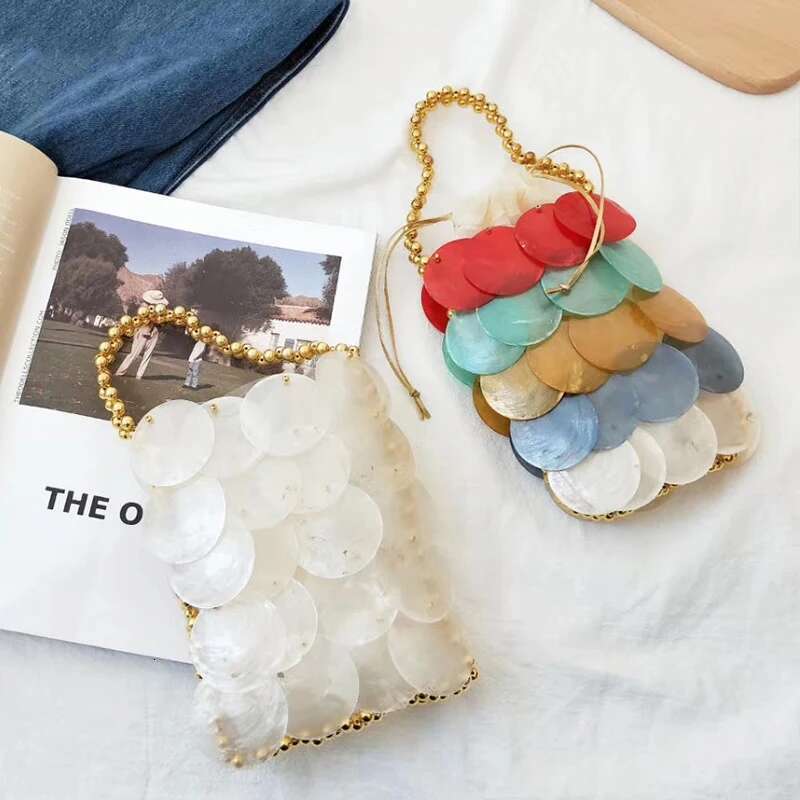 2023 Fairy Shell Natural Fritillary Piece Sequin Hand Weaving Beaded Handbag Crossbody Phone Ladies Party Elegant Bag